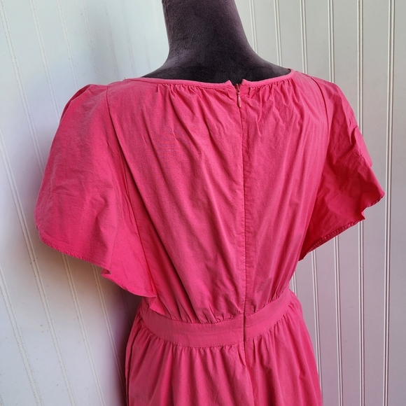 Ann Taylor Pink Poplin Flutter Sleeve V Neck Midi Dress Pockets Cotton Blend 4 - Picture 7 of 13